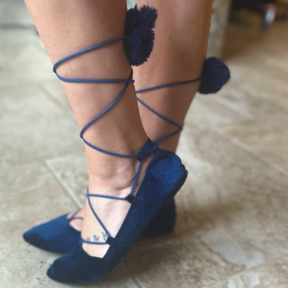 Navy Blue “Velvet” Fabric Black Sole Lace Up Esmeraldas w/ Ball “new” (8) SOLD